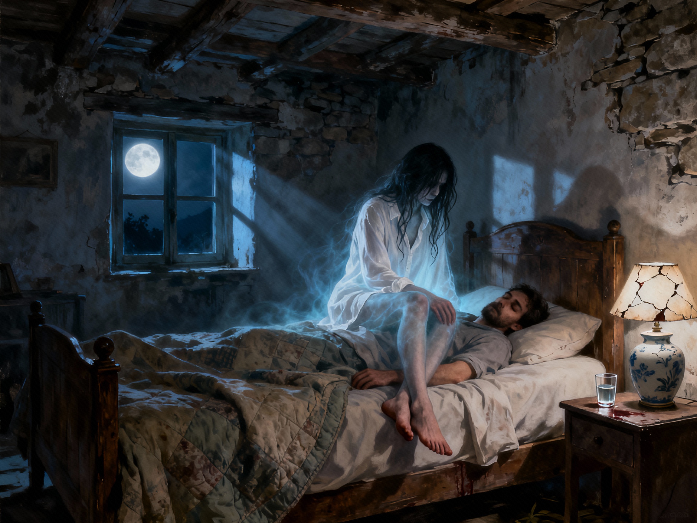 Illustrazione realistica della pantafica abruzzese seduta sul petto di un uomo che dorme in una stanza rurale illuminata dalla luna.