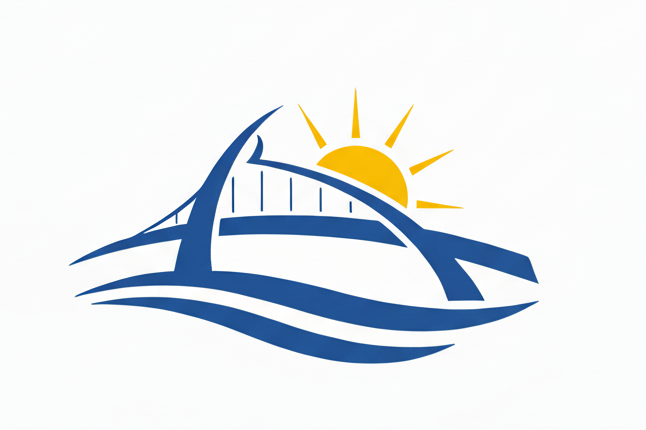 Logo minimalista e stilizzato del Ponte del Mare di Pescara, con il ponte in tonalità di blu e il sole giallo/arancione sullo sfondo.